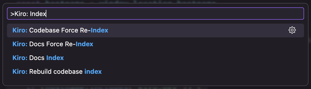 Command Palette에 표시된 Kiro 색인 명령들