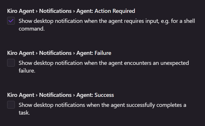 Kiro Agent Notification 설정 화면